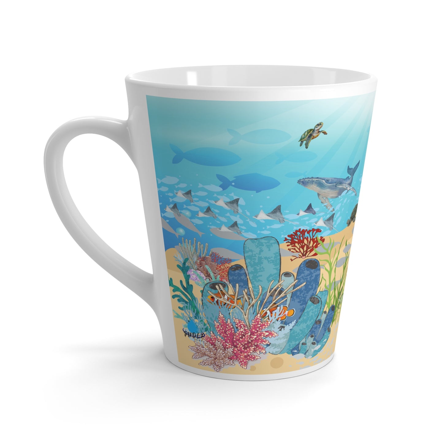 Latte Mug — Underwater Ocean Scene with Sea Turtles, Coral & Marine Life