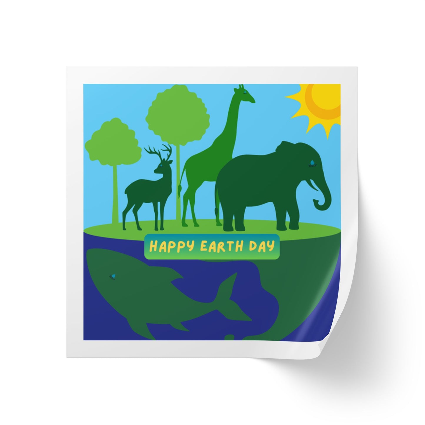 Earth Day Animals Square Sticker Roll — "Happy Earth Day" Eco Celebration Labels