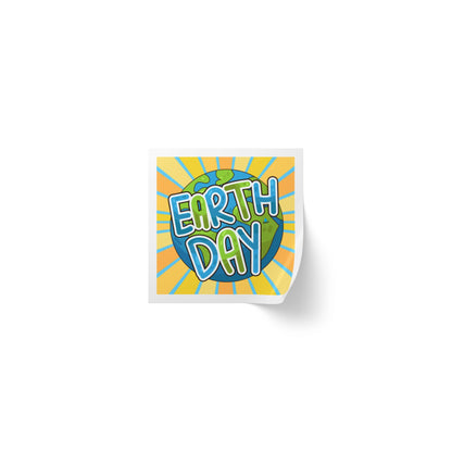 Earth Day Sunburst Square Sticker Roll — "Happy Earth Day" Eco Celebration Labels