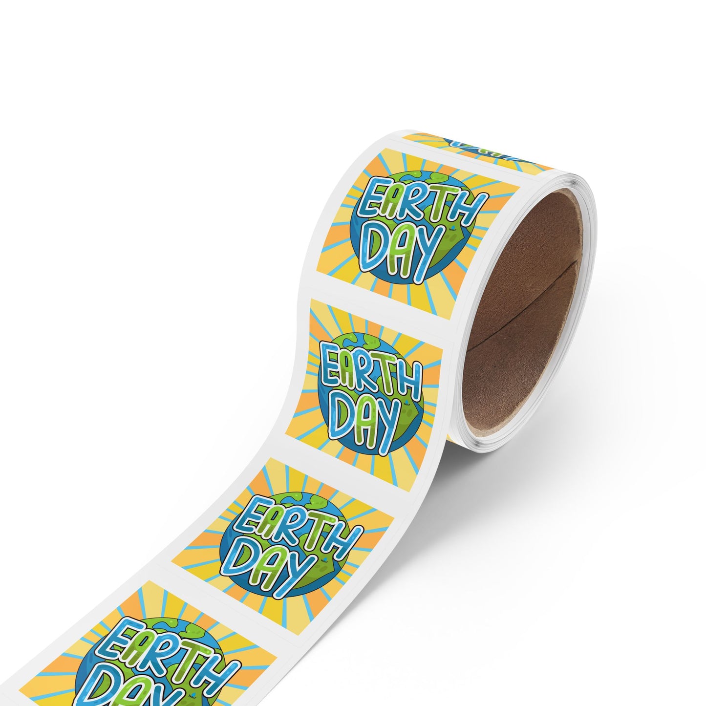 Earth Day Sunburst Square Sticker Roll — "Happy Earth Day" Eco Celebration Labels