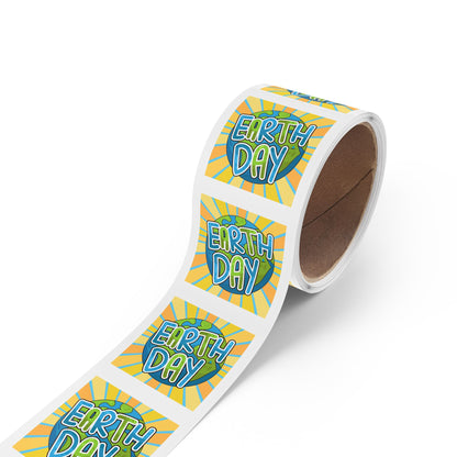 Earth Day Sunburst Square Sticker Roll — "Happy Earth Day" Eco Celebration Labels