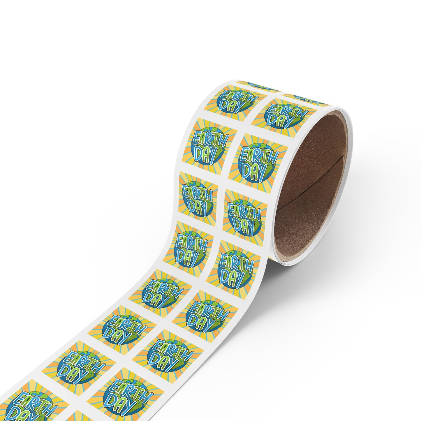 Earth Day Sunburst Square Sticker Roll — "Happy Earth Day" Eco Celebration Labels
