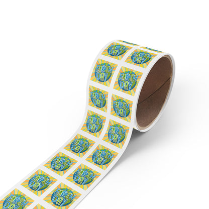 Earth Day Sunburst Square Sticker Roll — "Happy Earth Day" Eco Celebration Labels