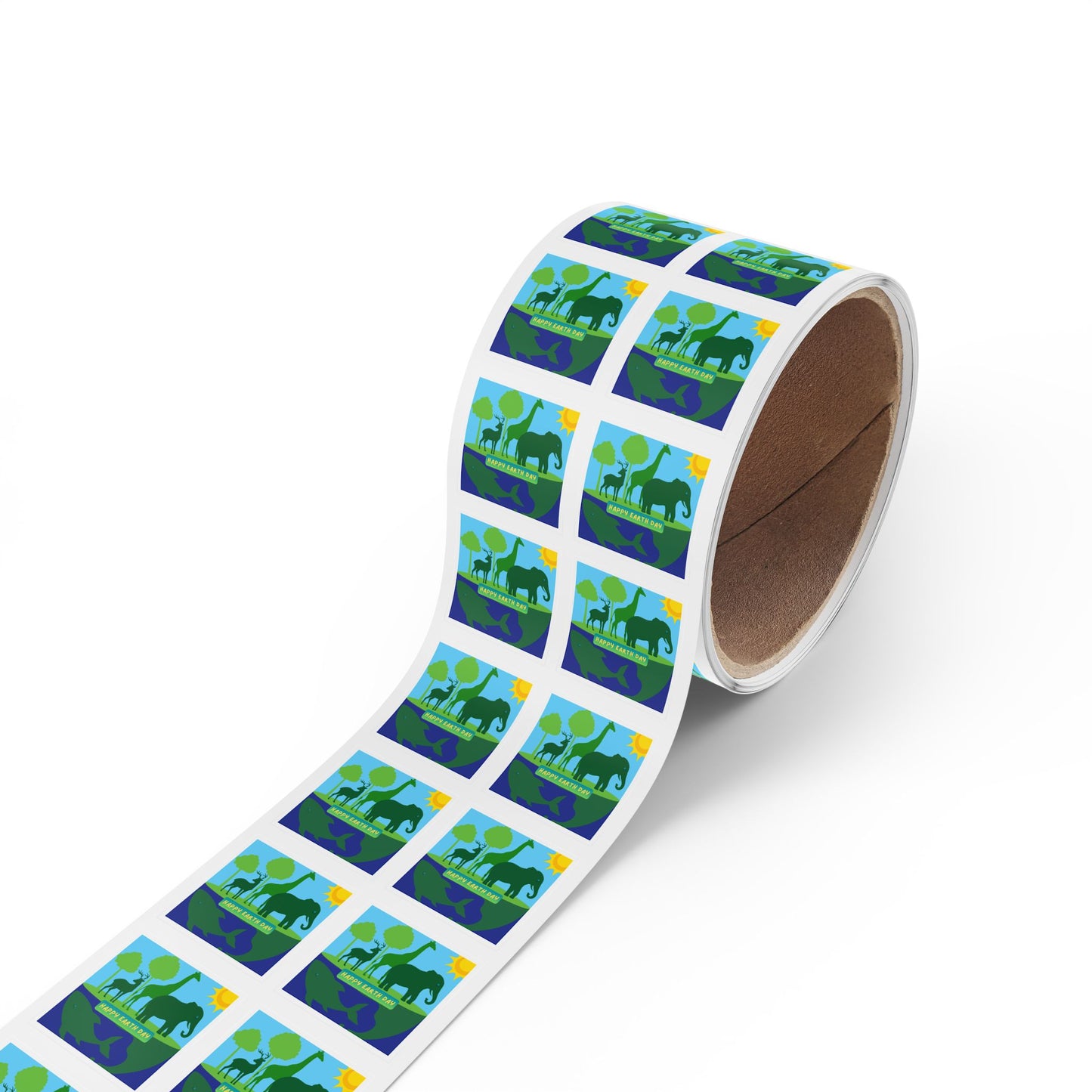 Earth Day Animals Square Sticker Roll — "Happy Earth Day" Eco Celebration Labels