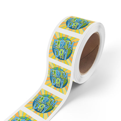 Earth Day Sunburst Square Sticker Roll — "Happy Earth Day" Eco Celebration Labels