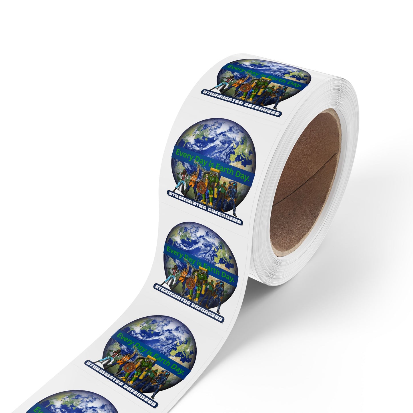 Every Day is Earth Day Stormwater Defenders Square Sticker Roll — "Happy Earth Day" Eco Celebration Labels