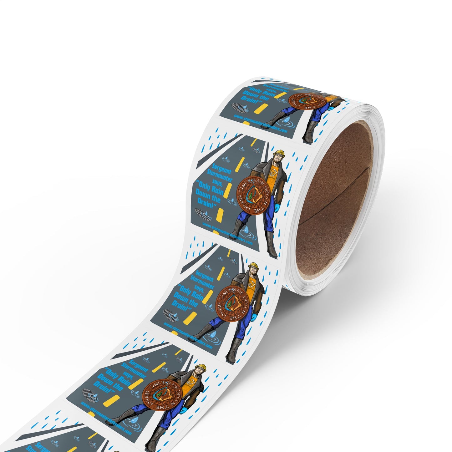 Sergeant Stormwater Says "Only Rain Down the Drain! Square Sticker Roll — Eco Celebration Labels