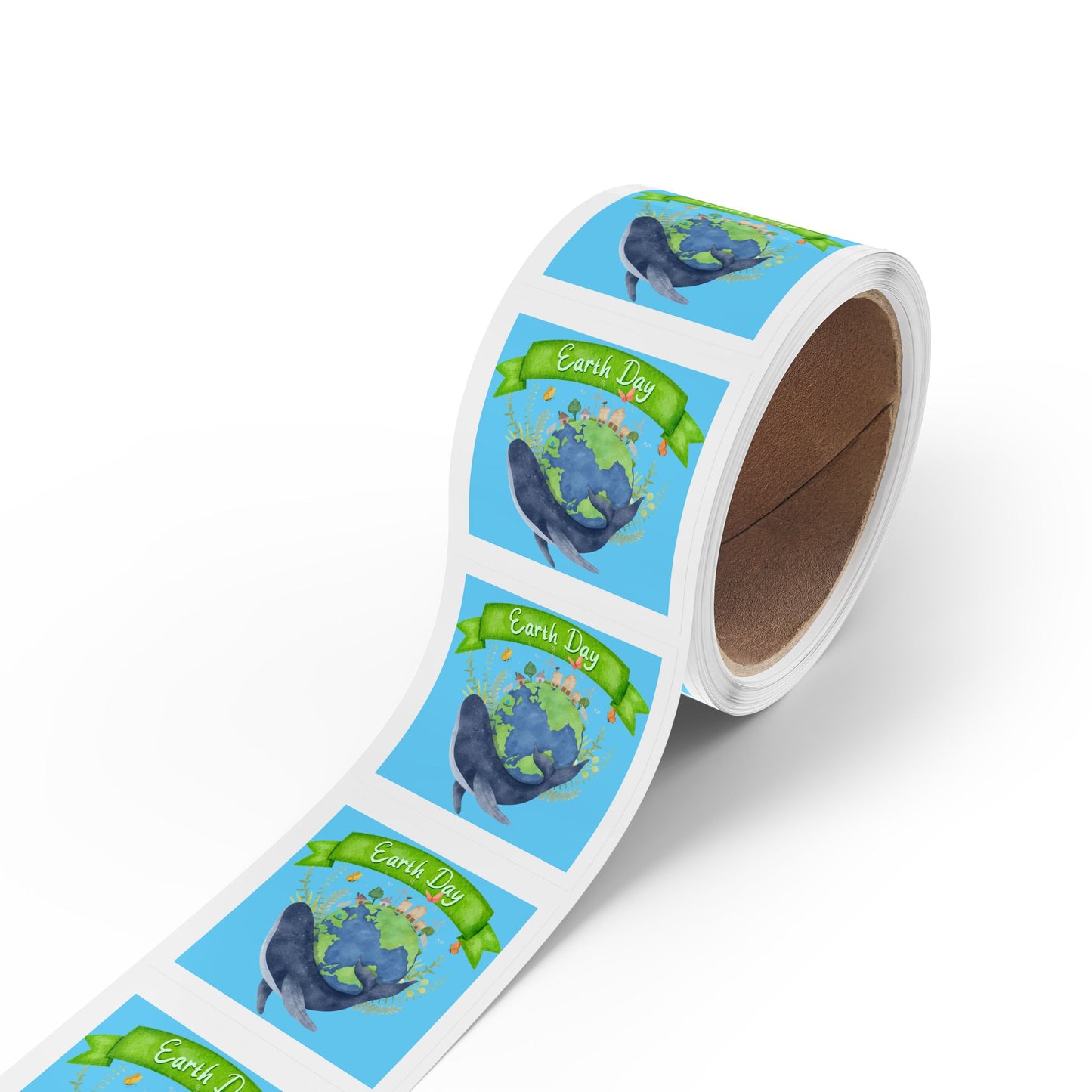 Earth Day Whale Square Sticker Roll — "Happy Earth Day" Eco Celebration Labels