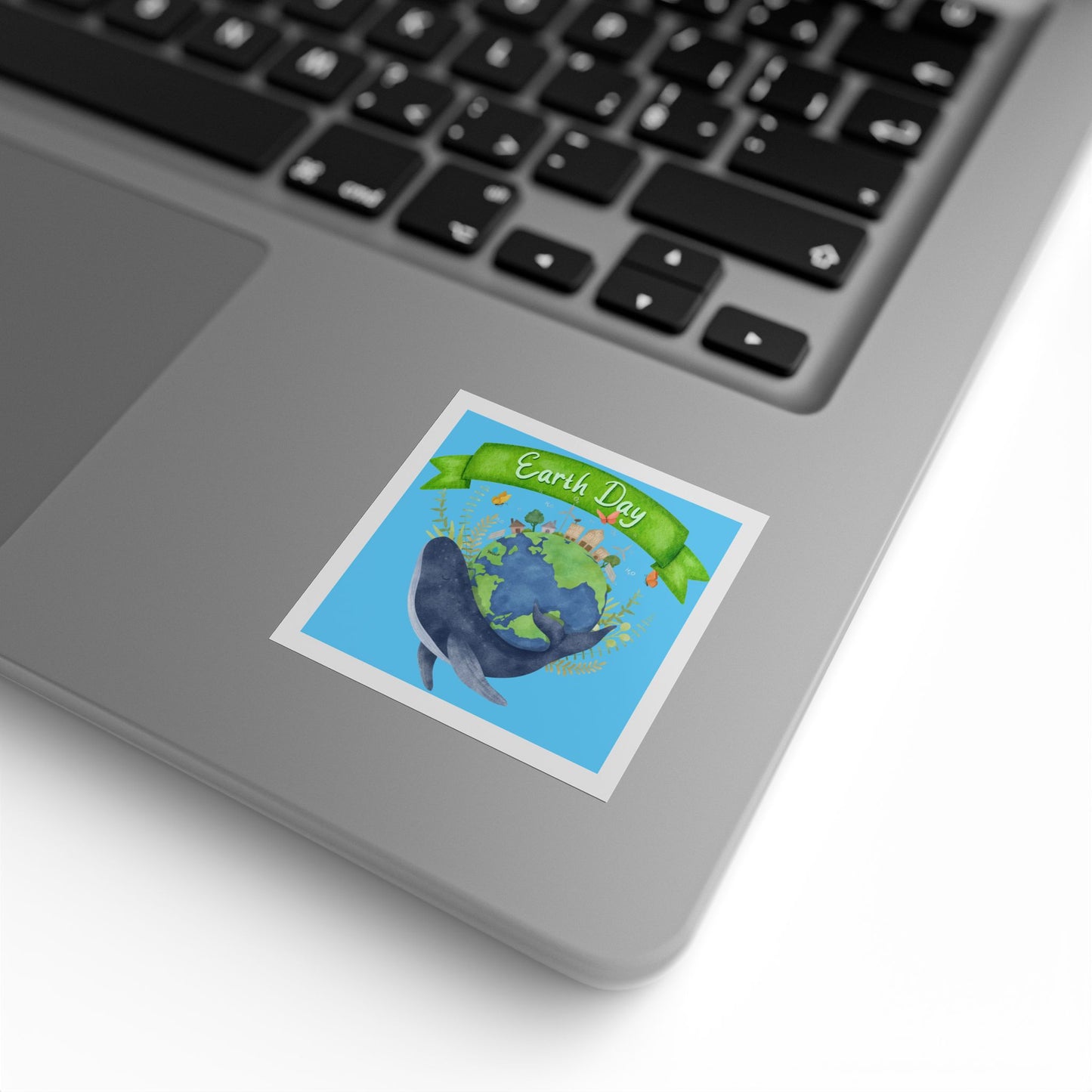 Earth Day Whale Square Sticker Roll — "Happy Earth Day" Eco Celebration Labels