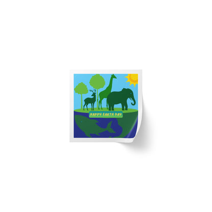 Earth Day Animals Square Sticker Roll — "Happy Earth Day" Eco Celebration Labels