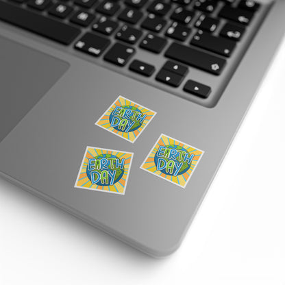Earth Day Sunburst Square Sticker Roll — "Happy Earth Day" Eco Celebration Labels