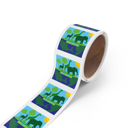 Earth Day Animals Square Sticker Roll — "Happy Earth Day" Eco Celebration Labels