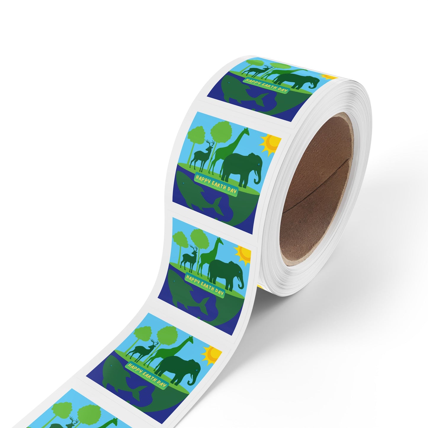 Earth Day Animals Square Sticker Roll — "Happy Earth Day" Eco Celebration Labels