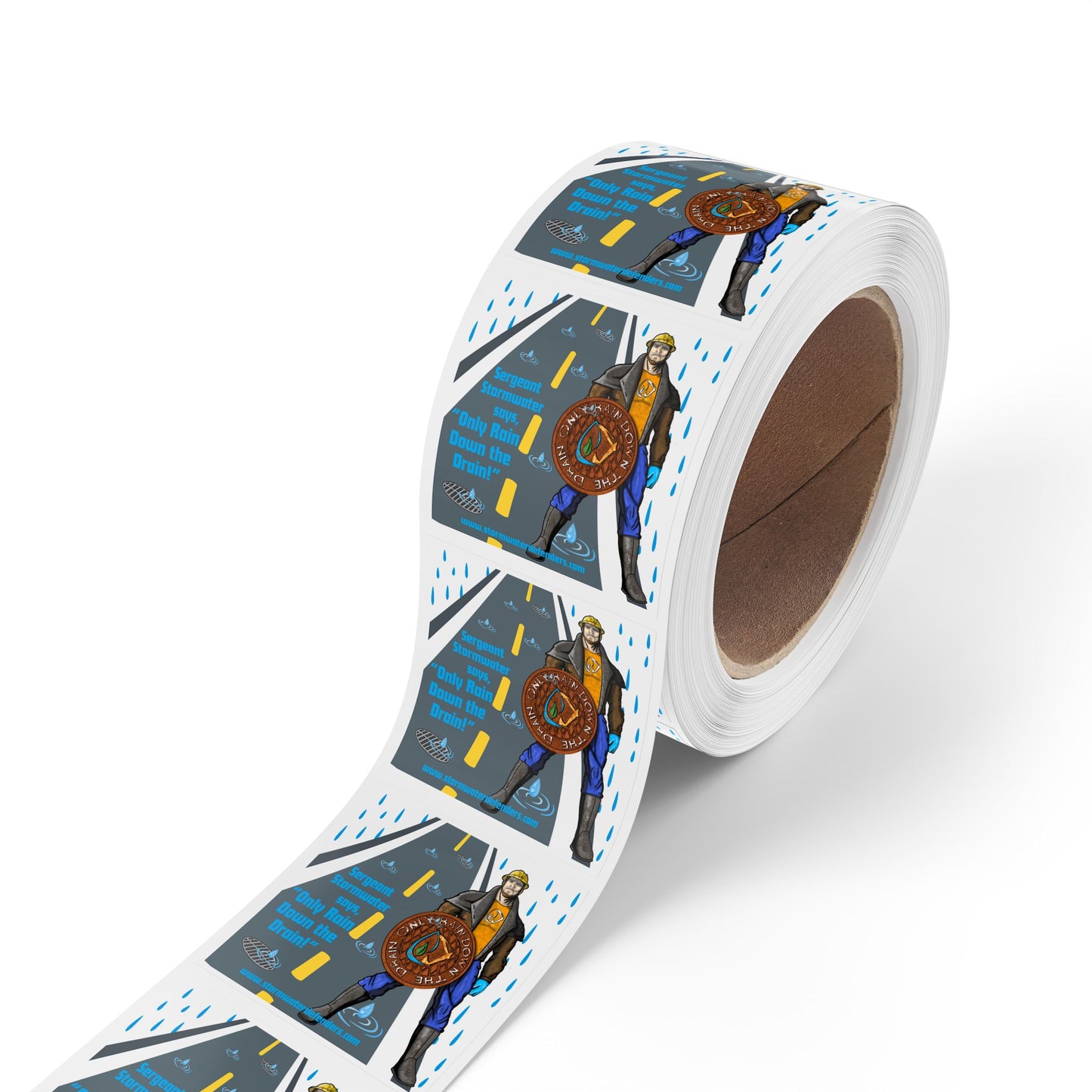 Sergeant Stormwater Says "Only Rain Down the Drain! Square Sticker Roll — Eco Celebration Labels