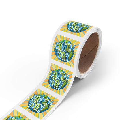 Earth Day Sunburst Square Sticker Roll — "Happy Earth Day" Eco Celebration Labels