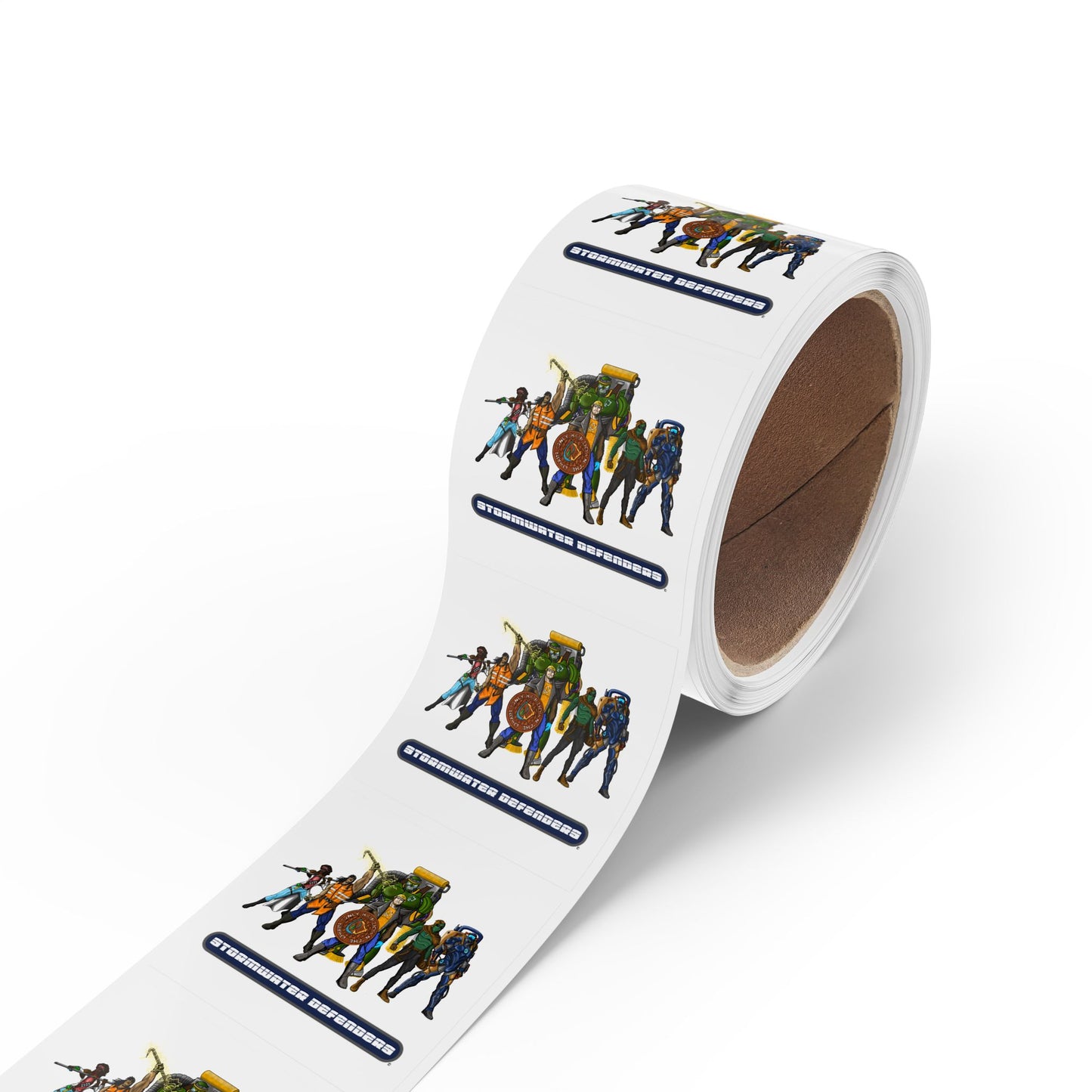 Stormwater Defenders Sticker Label Rolls - Fun Comic-Style Labels for Community Outreach, Teams, and Classroom Education