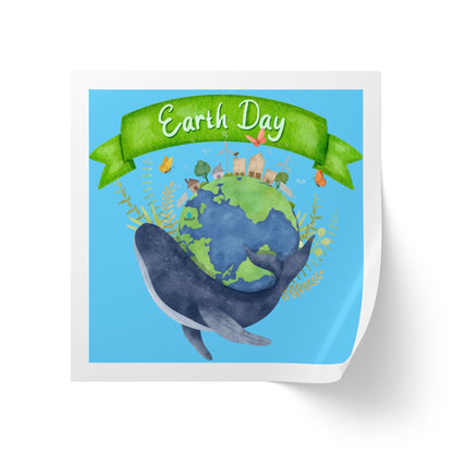 Earth Day Whale Square Sticker Roll — "Happy Earth Day" Eco Celebration Labels