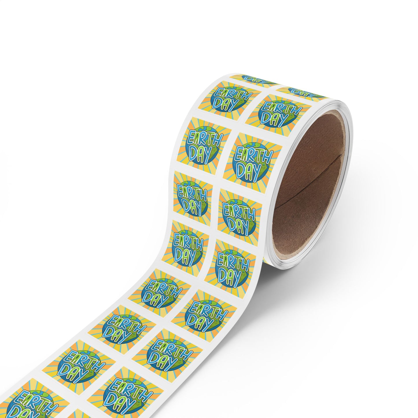 Earth Day Sunburst Square Sticker Roll — "Happy Earth Day" Eco Celebration Labels