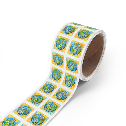 Earth Day Sunburst Square Sticker Roll — "Happy Earth Day" Eco Celebration Labels