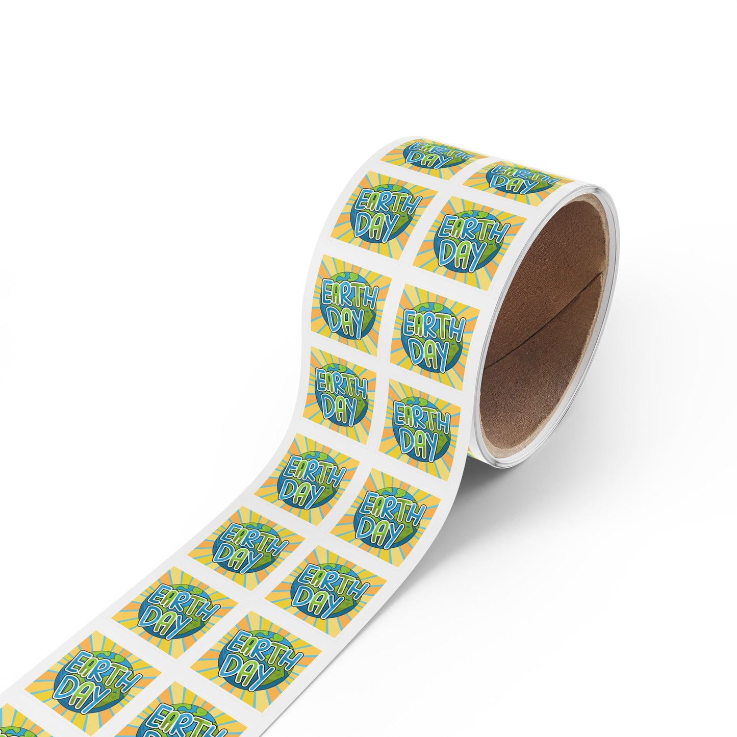 Earth Day Sunburst Square Sticker Roll — "Happy Earth Day" Eco Celebration Labels