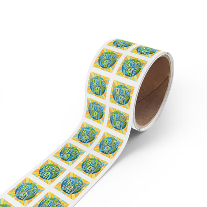 Earth Day Sunburst Square Sticker Roll — "Happy Earth Day" Eco Celebration Labels
