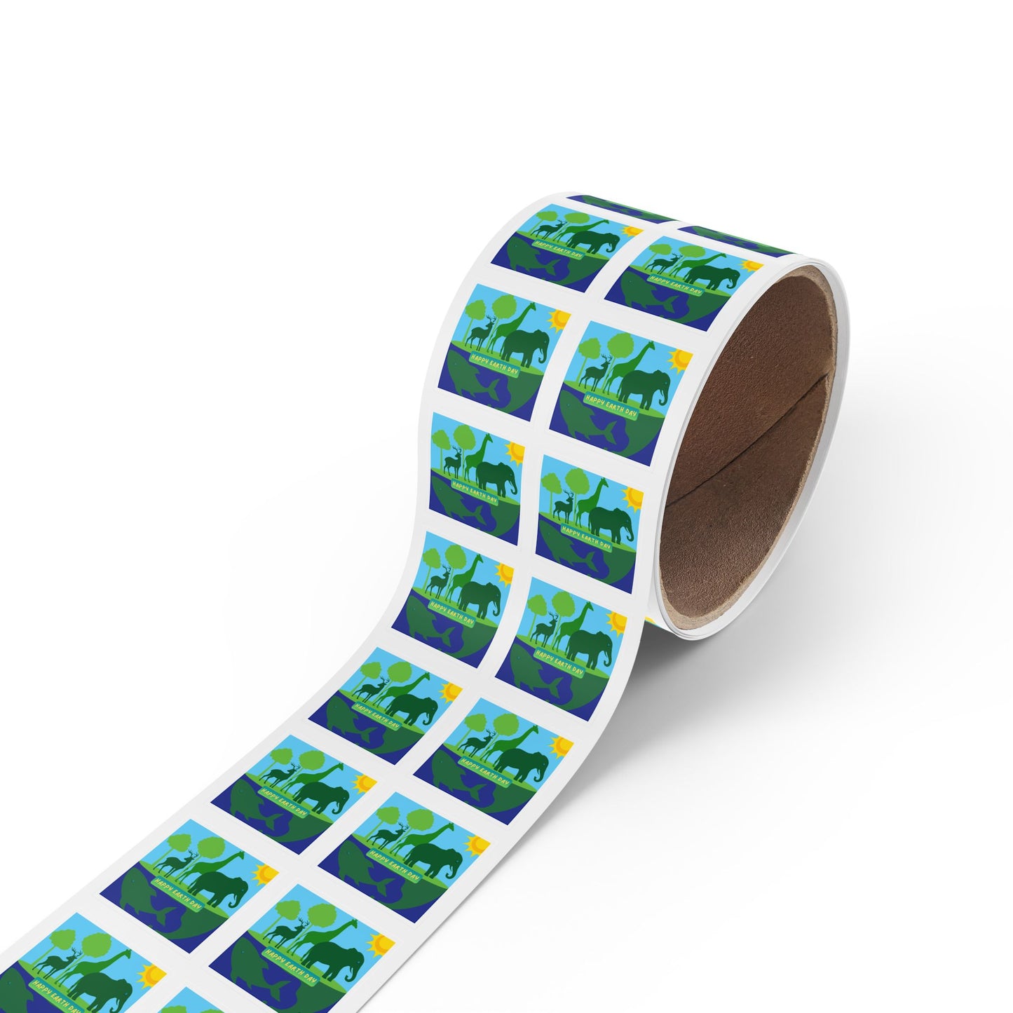 Earth Day Animals Square Sticker Roll — "Happy Earth Day" Eco Celebration Labels