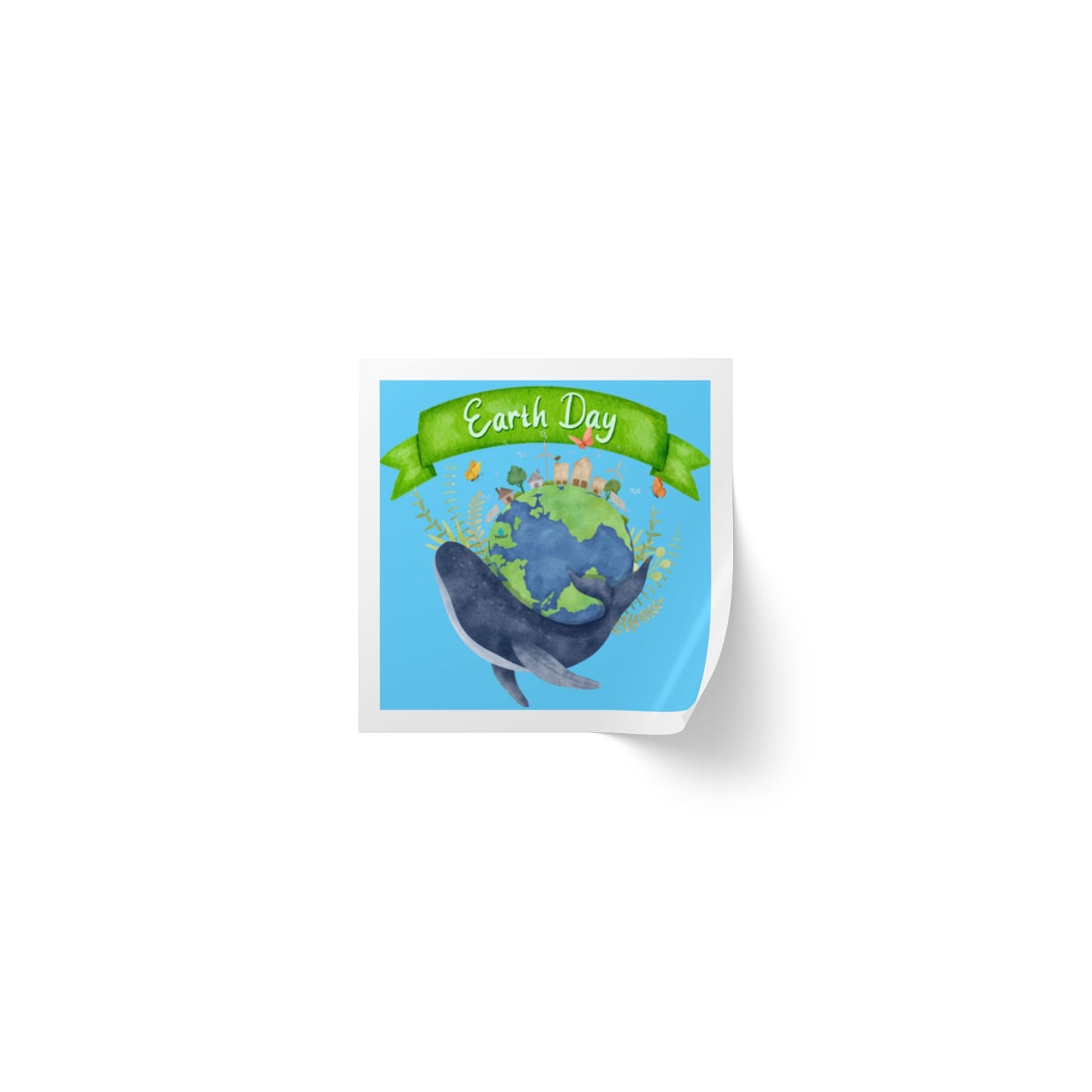 Earth Day Whale Square Sticker Roll — "Happy Earth Day" Eco Celebration Labels