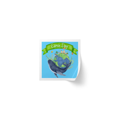Earth Day Whale Square Sticker Roll — "Happy Earth Day" Eco Celebration Labels