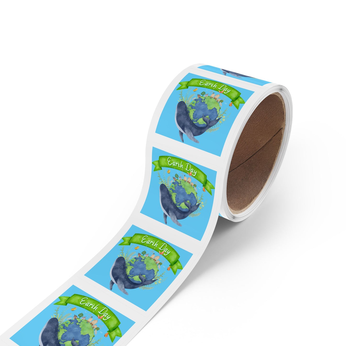 Earth Day Whale Square Sticker Roll — "Happy Earth Day" Eco Celebration Labels