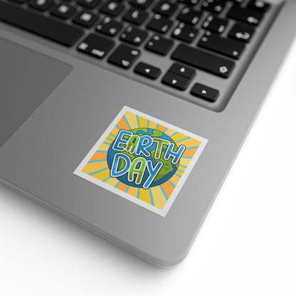 Earth Day Sunburst Square Sticker Roll — "Happy Earth Day" Eco Celebration Labels