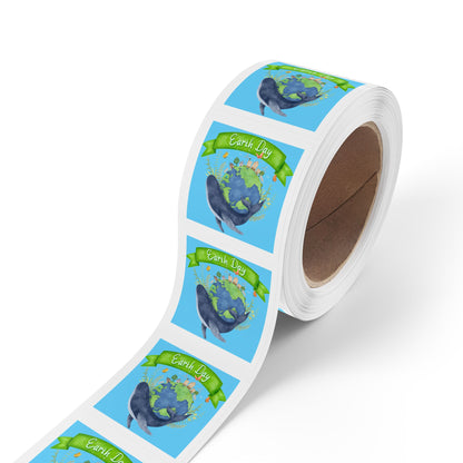 Earth Day Whale Square Sticker Roll — "Happy Earth Day" Eco Celebration Labels