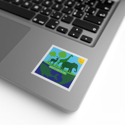 Earth Day Animals Square Sticker Roll — "Happy Earth Day" Eco Celebration Labels